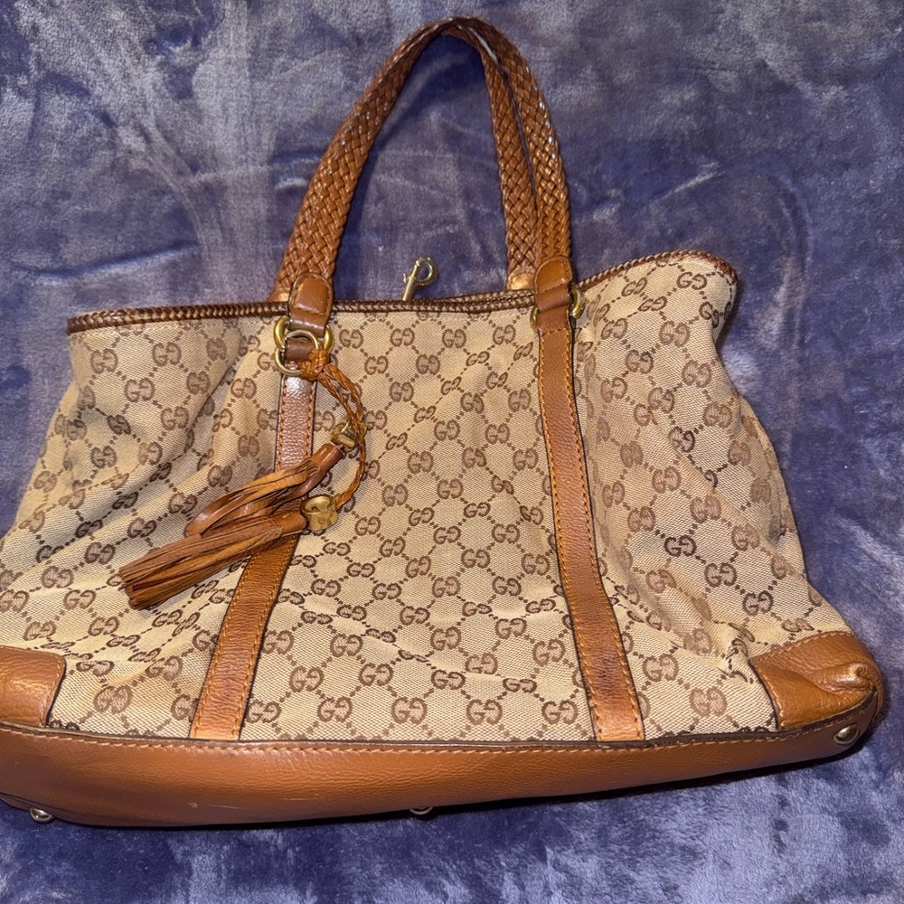 Gucci Beige Brown GG Canvas Tote with Tassel